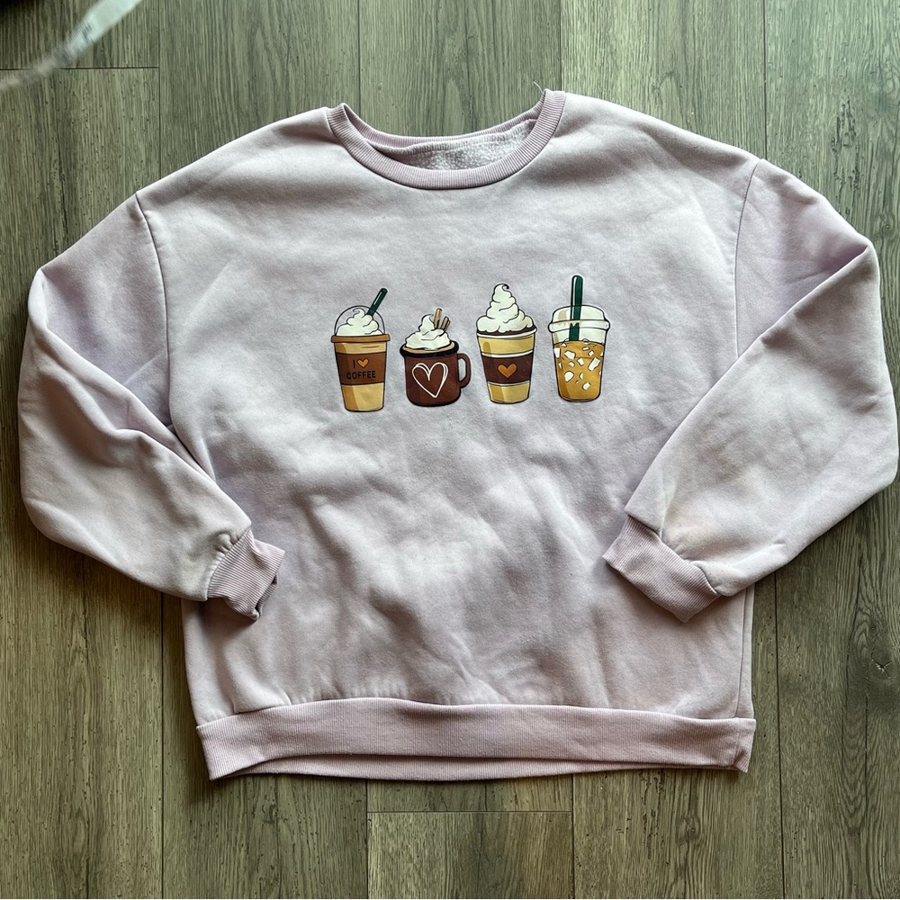 SHEIN Women’s Long Sleeve Crewneck Sweatshirt Coffee Frappuccino Latte Lilac L